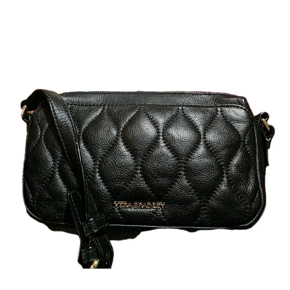 VERA BRADLEY Sycamore Leather Sydney Crossbody Black Quilted